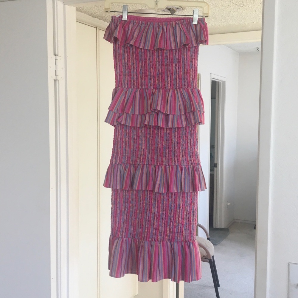 TULAROSA/“BAILEE”STRAPLESS MULTI STRIP LINEN BLEND RUFFLE DRESS/ NEW - Picture 4 of 10